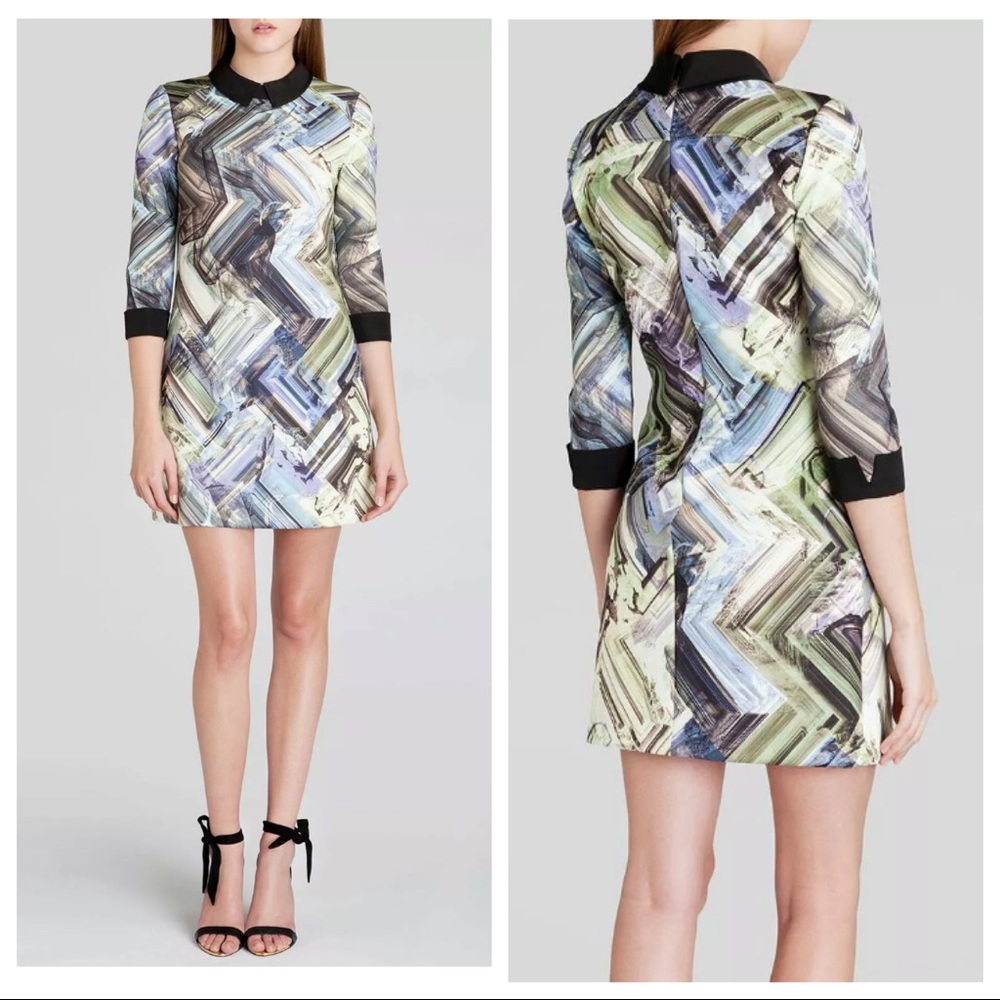 Ted Baker Zigzag Brushstroke Mini Dress in Pastel Blue, Green & Black